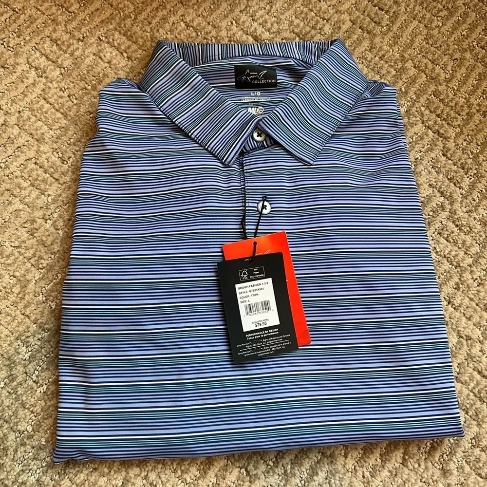 Greg Norman Men’s ML75 Stretch Panorama Stripe Polo Tropic Navy Golf Shirt - Picture 4 of 6